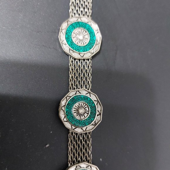 Antique Silver Tone Chain Bracelet Green Silver - Picture 5 of 8